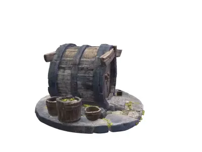 Medieval Stone Cellar Entrance with Wooden Barrel Door 3D model