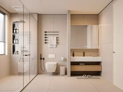 Modern Minimalist Beige Bathroom with Walk-In Shower 3D model