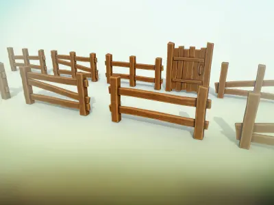 Stylized wooden fence of 10 sections PBR game ready Low-poly 3D model