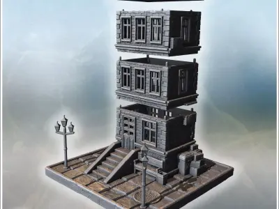 Tall stone residential building with stairs benches street lamps 3D print model
