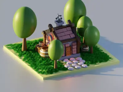 low poly house with trees and grass Low-poly 3D model
