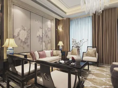 living room with dining room 3D model 3D model