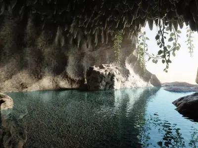 Cave V9 - Rocky Cavern with Water Feature and Vegetation 3D model