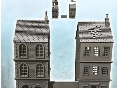 Set of two ruined two-storey buildings with low partition wall 2 3D print model
