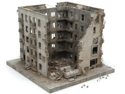 Destroyed Apartment Block 3D Model War Torn Environment Low-poly 3D model