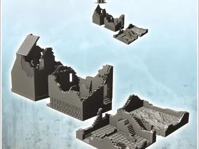 Set of four ruined buildings with rubble and tile roof 26 - Mode 3D print model
