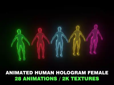 Animated Human Hologram Female 3D Model 28 Animations Low-poly 3D model