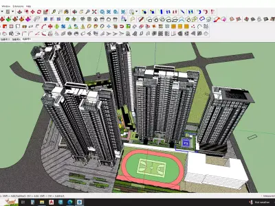3D model of a complex of buildings and a soccer field 3D model