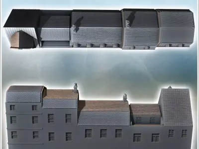 Set of modern multi-story buildings with colonnade passage and b 3D print model