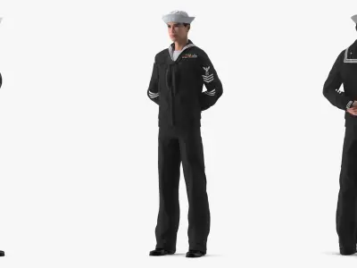  US Navy Asian Sailor in Black Uniform Standing Pose 