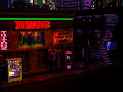Cybertopia neon lit street at night Free 3D model