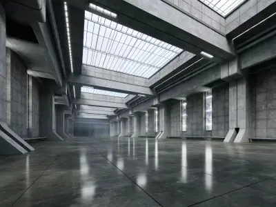 Brutalist Vehicle Hangar - Cinematic Environment - 002 Low-poly 3D model