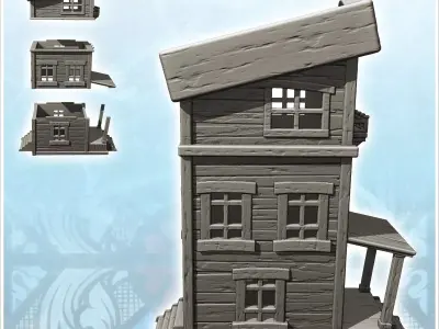 Two-storey medieval wooden building with platform entrance and c 3D print model
