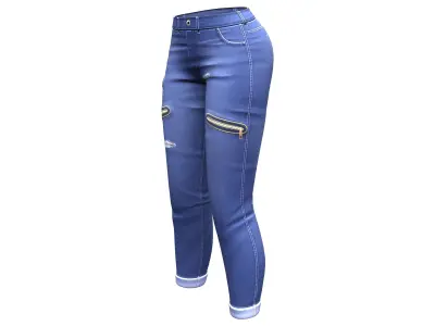 Zip Pockets Rolled Legs Denim Pants Low-poly 3D model
