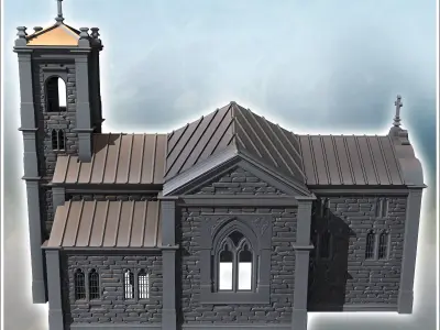 Modern Christian church with steeple stained glass windows and z 3D print model