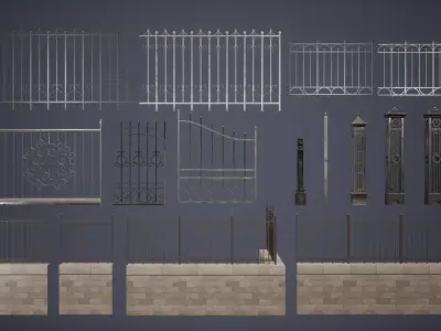 Modular Fence Set Low Poly Game Ready  Low-poly 3D model