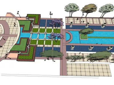 pool outdoor along with big planters and paved area 3D model