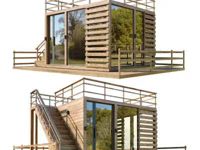 Besedca wooden cabin with stairs and railings 3D model