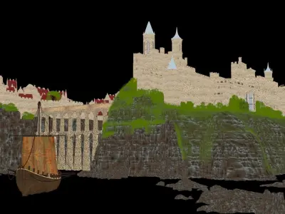 Castle in middle of waterfall Low-poly 3D model