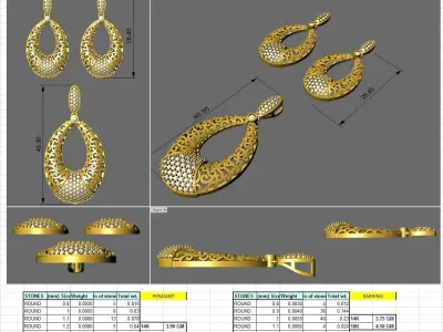 Pendant Earring Set 3dm STL OBJ FBX Render Details 3D print model 3