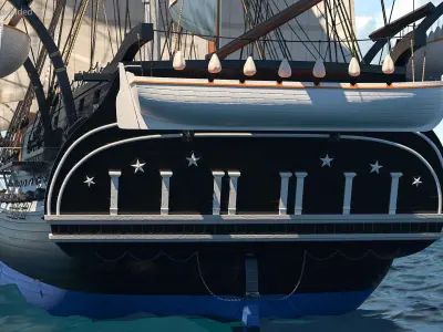  Three Masted Heavy Frigate Raised Sails 