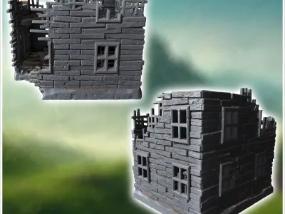 Partially destroyed wooden house with broken beams missing roof  3D print model