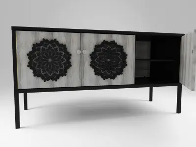 Sideboard black metal and 3 wood decorated doors Free 3D model