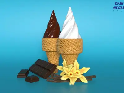 Ice cream cones with flavors  Low-poly 3D model