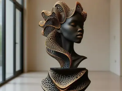 3D Printed Bust Sculpture Black Woman Golden Lattice Low-poly 3D model