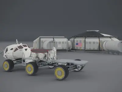 Martian base with rover and solar panels 3D model