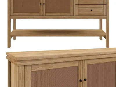 Sideboard Gabin made of pine and rattan 3D model