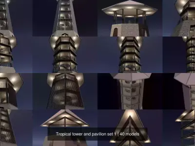 Tropical tower and pavilion set 1 3D Model Pack