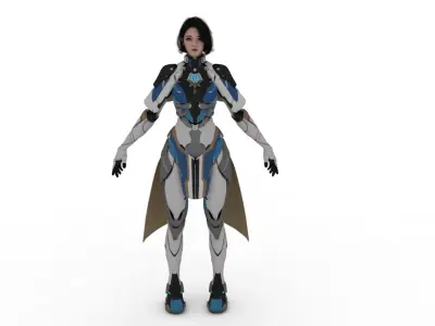 Futuristic Cyborg Girl with Airship Rigged and Animated Low-poly 3D model
