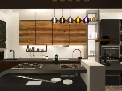 kitchen modern with wooden cabinets and counter tops Free low-poly 3D model