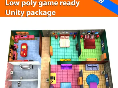 3d low poly houses with interior game ready  Low-poly 3D model