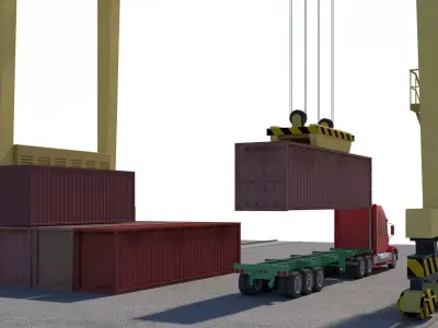 Location scene Crane load container to track Low-poly 3D model
