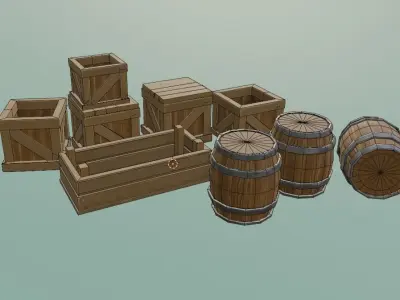  stylized  box and an oak barrel Low-poly 3D model