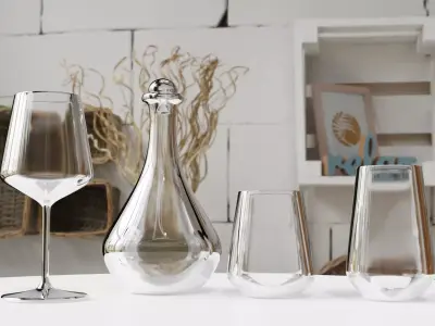 Glass Set of glasses and wine bottle on table 3D model