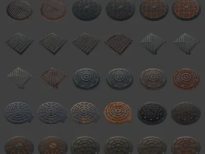 Manhole-Sewer-Drain Covers 15 PBR Texture Set Texture