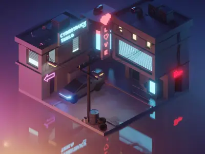 Cyberpunk city 3D street under a lamp in the evening Low-poly 3D model