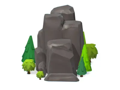 Cartoon Stone Cliff and Green Trees Low-poly 3D model