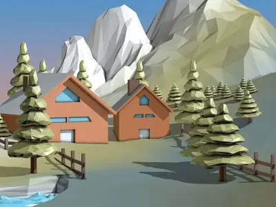 Cartoon Mountain Landscape with Houses and Forest Low-poly 3D model