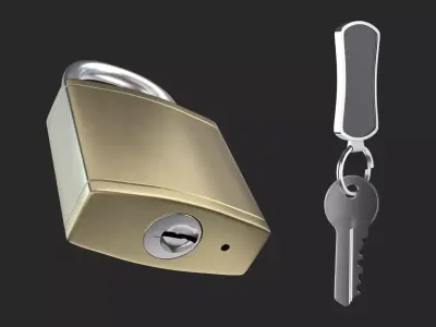 Brass Padlock with Key and Keychain 3D model