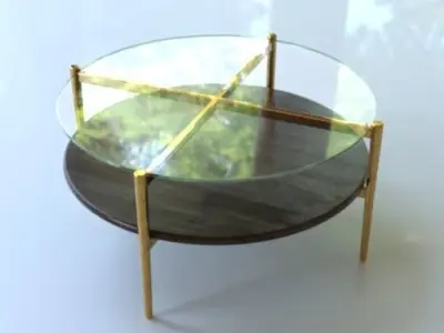 Coffee Table gold marble wood - Mid-Century Art Display Round  3D model