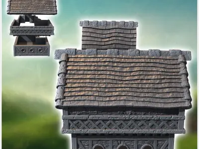 Tiled-roof medieval building with fireplace access staircase and 3D print model