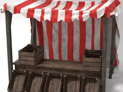  Medieval Market Stall Tent Red and White 3D Model with Crates Low-poly 3D model
