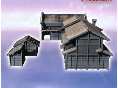 Set of two large Asian tiled roofed buildings with two market st 3D print model