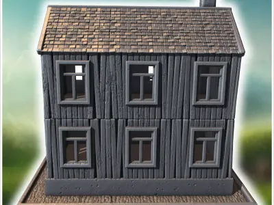 Two-story wooden house with a balcony intact windows and a stone 3D print model