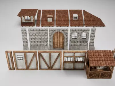 Medieval Modular Building Kit  Trim Sheet Based Low-poly 3D model