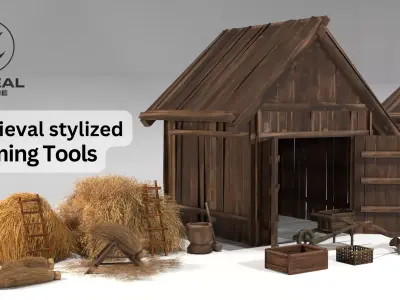 Hand painted medieval stylized farmhouse and farming tool thatch Low-poly 3D model